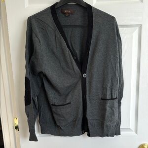 Black Suede Detail Gray Button V-Neck Cardigan Sweater Long Sleeve Patch Elbow